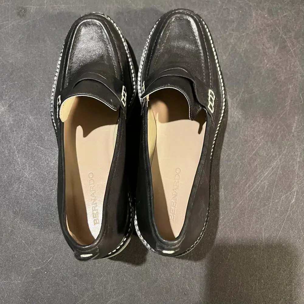 Bernardo Selma Shoes Womens 8.5 Black Leather Lug Sole Block Heel Loafers Penny - Picture 10 of 12